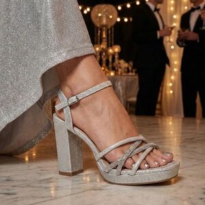 NWT Kayleen Silver Glitter Rhinestone Platform Sandals Heels Wedding Prom